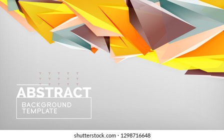 3d geometric triangular shapes abstract background, color triangles composition on grey backdrop, business or hi-tech conceptual wallpaper, vector illustration