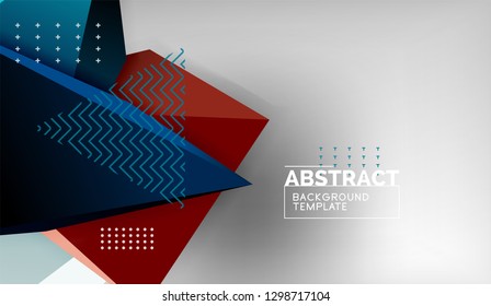 3d geometric triangular shapes abstract background, color triangles composition on grey backdrop, business or hi-tech conceptual wallpaper, vector illustration