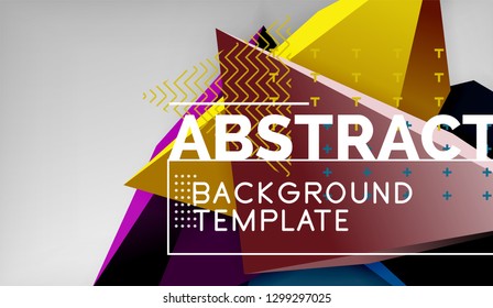3d geometric triangular shapes abstract background, color triangles composition on grey backdrop, business or hi-tech conceptual wallpaper, vector illustration
