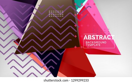 3d geometric triangular shapes abstract background, color triangles composition on grey backdrop, business or hi-tech conceptual wallpaper, vector illustration