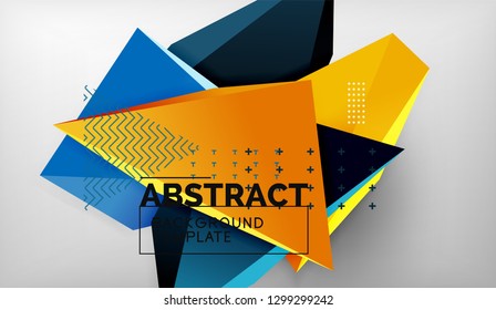 3d geometric triangular shapes abstract background, color triangles composition on grey backdrop, business or hi-tech conceptual wallpaper, vector illustration