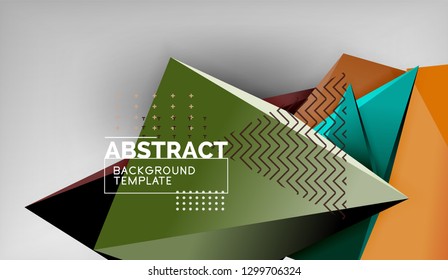 3d geometric triangular shapes abstract background, color triangles composition on grey backdrop, business or hi-tech conceptual wallpaper, vector illustration