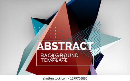 3d geometric triangular shapes abstract background, color triangles composition on grey backdrop, business or hi-tech conceptual wallpaper, vector illustration