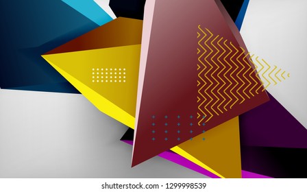 3d geometric triangular shapes abstract background, color triangles composition on grey backdrop, business or hi-tech conceptual wallpaper, vector illustration