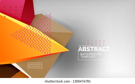 3d geometric triangular shapes abstract background, color triangles composition on grey backdrop, business or hi-tech conceptual wallpaper, vector illustration