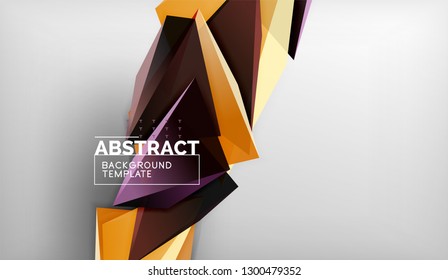 3d geometric triangular shapes abstract background, color triangles composition on grey backdrop, business or hi-tech conceptual wallpaper, vector illustration