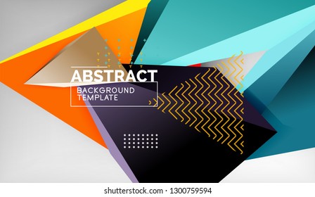 3d geometric triangular shapes abstract background, color triangles composition on grey backdrop, business or hi-tech conceptual wallpaper, vector illustration