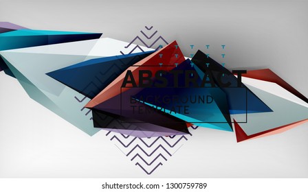 3d geometric triangular shapes abstract background, color triangles composition on grey backdrop, business or hi-tech conceptual wallpaper, vector illustration