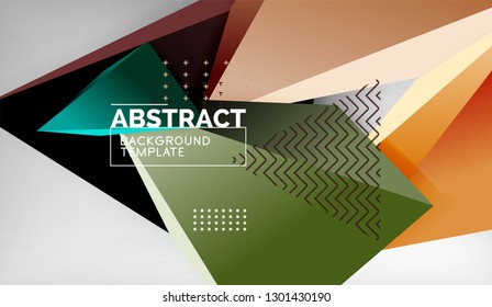 3d geometric triangular shapes abstract background, color triangles composition on grey backdrop, business or hi-tech conceptual wallpaper, vector illustration