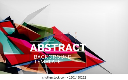 3d geometric triangular shapes abstract background, color triangles composition on grey backdrop, business or hi-tech conceptual wallpaper, vector illustration