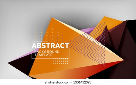 3d geometric triangular shapes abstract background, color triangles composition on grey backdrop, business or hi-tech conceptual wallpaper, vector illustration
