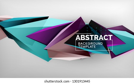 3d geometric triangular shapes abstract background, color triangles composition on grey backdrop, business or hi-tech conceptual wallpaper, vector illustration