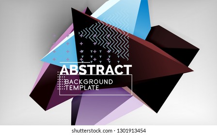 3d geometric triangular shapes abstract background, color triangles composition on grey backdrop, business or hi-tech conceptual wallpaper, vector illustration