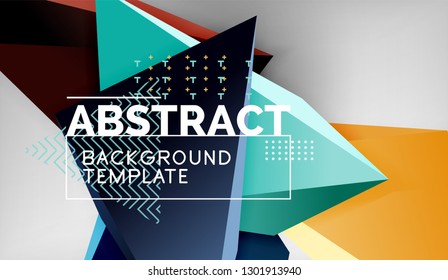 3d geometric triangular shapes abstract background, color triangles composition on grey backdrop, business or hi-tech conceptual wallpaper, vector illustration