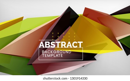 3d geometric triangular shapes abstract background, color triangles composition on grey backdrop, business or hi-tech conceptual wallpaper, vector illustration