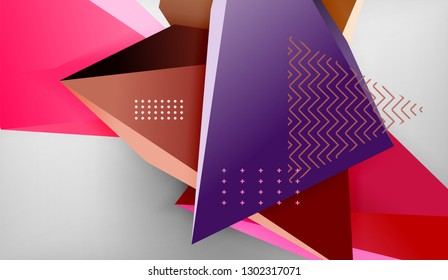 3d geometric triangular shapes abstract background, color triangles composition on grey backdrop, business or hi-tech conceptual wallpaper, vector illustration