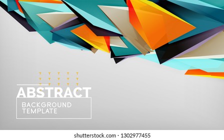3d geometric triangular shapes abstract background, color triangles composition on grey backdrop, business or hi-tech conceptual wallpaper, vector illustration