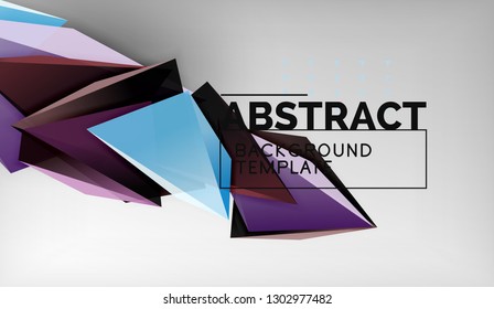 3d geometric triangular shapes abstract background, color triangles composition on grey backdrop, business or hi-tech conceptual wallpaper, vector illustration