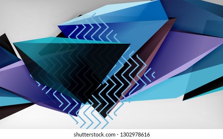3d geometric triangular shapes abstract background, color triangles composition on grey backdrop, business or hi-tech conceptual wallpaper, vector illustration