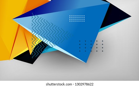 3d geometric triangular shapes abstract background, color triangles composition on grey backdrop, business or hi-tech conceptual wallpaper, vector illustration