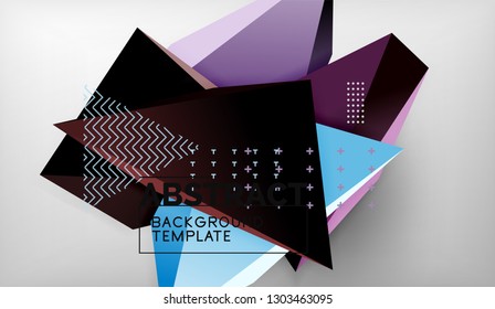 3d geometric triangular shapes abstract background, color triangles composition on grey backdrop, business or hi-tech conceptual wallpaper, vector illustration