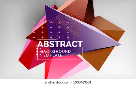 3d geometric triangular shapes abstract background, color triangles composition on grey backdrop, business or hi-tech conceptual wallpaper, vector illustration