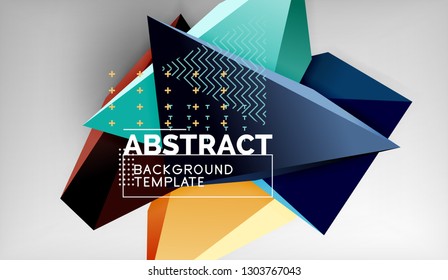3d geometric triangular shapes abstract background, color triangles composition on grey backdrop, business or hi-tech conceptual wallpaper, vector illustration