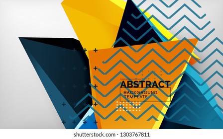 3d geometric triangular shapes abstract background, color triangles composition on grey backdrop, business or hi-tech conceptual wallpaper, vector illustration