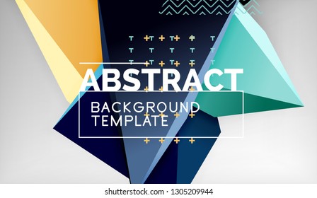 3d geometric triangular shapes abstract background, color triangles composition on grey backdrop, business or hi-tech conceptual wallpaper, vector illustration