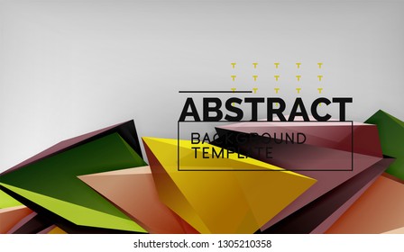 3d geometric triangular shapes abstract background, color triangles composition on grey backdrop, business or hi-tech conceptual wallpaper, vector illustration