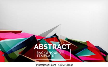 3d geometric triangular shapes abstract background, color triangles composition on grey backdrop, business or hi-tech conceptual wallpaper, vector illustration