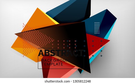 3d geometric triangular shapes abstract background, color triangles composition on grey backdrop, business or hi-tech conceptual wallpaper, vector illustration