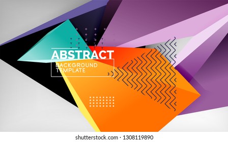 3d geometric triangular shapes abstract background, color triangles composition on grey backdrop, business or hi-tech conceptual wallpaper, vector illustration