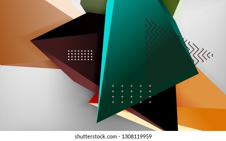3d geometric triangular shapes abstract background, color triangles composition on grey backdrop, business or hi-tech conceptual wallpaper, vector illustration