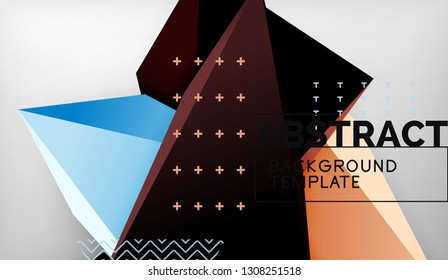 3d geometric triangular shapes abstract background, color triangles composition on grey backdrop, business or hi-tech conceptual wallpaper, vector illustration