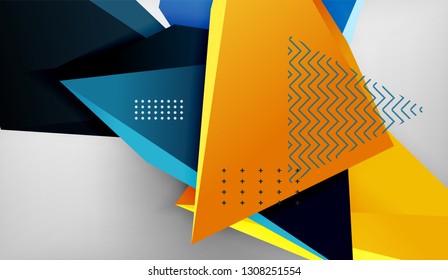 3d geometric triangular shapes abstract background, color triangles composition on grey backdrop, business or hi-tech conceptual wallpaper, vector illustration