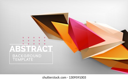3d geometric triangular shapes abstract background, color triangles composition on grey backdrop, business or hi-tech conceptual wallpaper, vector illustration