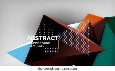 3d geometric triangular shapes abstract background, color triangles composition on grey backdrop, business or hi-tech conceptual wallpaper, vector illustration