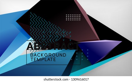 3d geometric triangular shapes abstract background, color triangles composition on grey backdrop, business or hi-tech conceptual wallpaper, vector illustration