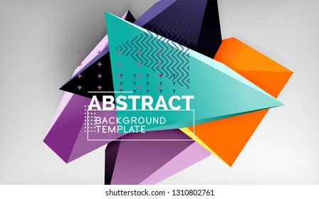 3d geometric triangular shapes abstract background, color triangles composition on grey backdrop, business or hi-tech conceptual wallpaper, vector illustration