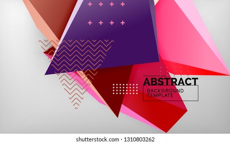 3d geometric triangular shapes abstract background, color triangles composition on grey backdrop, business or hi-tech conceptual wallpaper, vector illustration