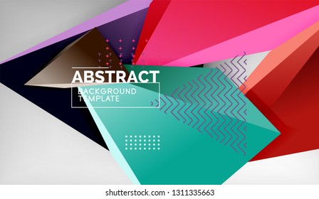 3d geometric triangular shapes abstract background, color triangles composition on grey backdrop, business or hi-tech conceptual wallpaper, vector illustration