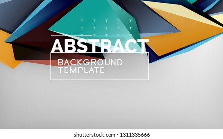 3d geometric triangular shapes abstract background, color triangles composition on grey backdrop, business or hi-tech conceptual wallpaper, vector illustration