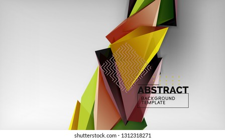 3d geometric triangular shapes abstract background, color triangles composition on grey backdrop, business or hi-tech conceptual wallpaper, vector illustration