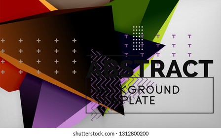 3d geometric triangular shapes abstract background, color triangles composition on grey backdrop, business or hi-tech conceptual wallpaper, vector illustration