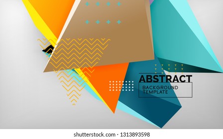 3d geometric triangular shapes abstract background, color triangles composition on grey backdrop, business or hi-tech conceptual wallpaper, vector illustration