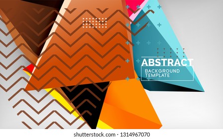 3d geometric triangular shapes abstract background, color triangles composition on grey backdrop, business or hi-tech conceptual wallpaper, vector illustration