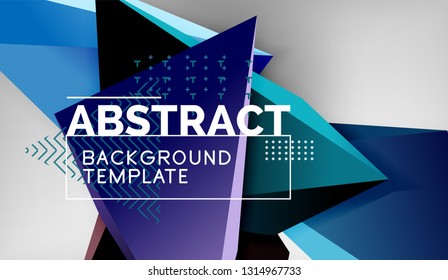 3d geometric triangular shapes abstract background, color triangles composition on grey backdrop, business or hi-tech conceptual wallpaper, vector illustration