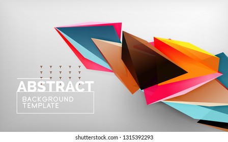 3d geometric triangular shapes abstract background, color triangles composition on grey backdrop, business or hi-tech conceptual wallpaper, vector illustration