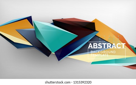 3d geometric triangular shapes abstract background, color triangles composition on grey backdrop, business or hi-tech conceptual wallpaper, vector illustration